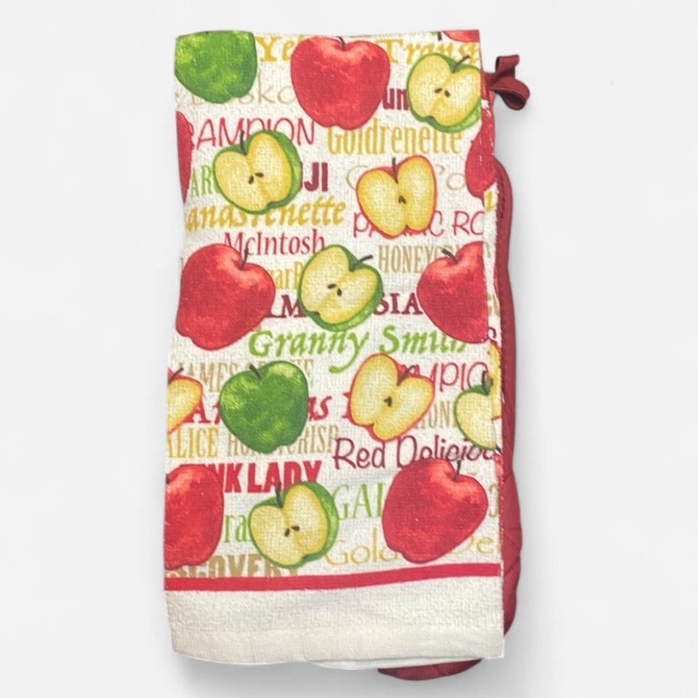 Apple Print Oven Mitt and Pot Holder Kitchen Set NWOT - Picture 2 of 2